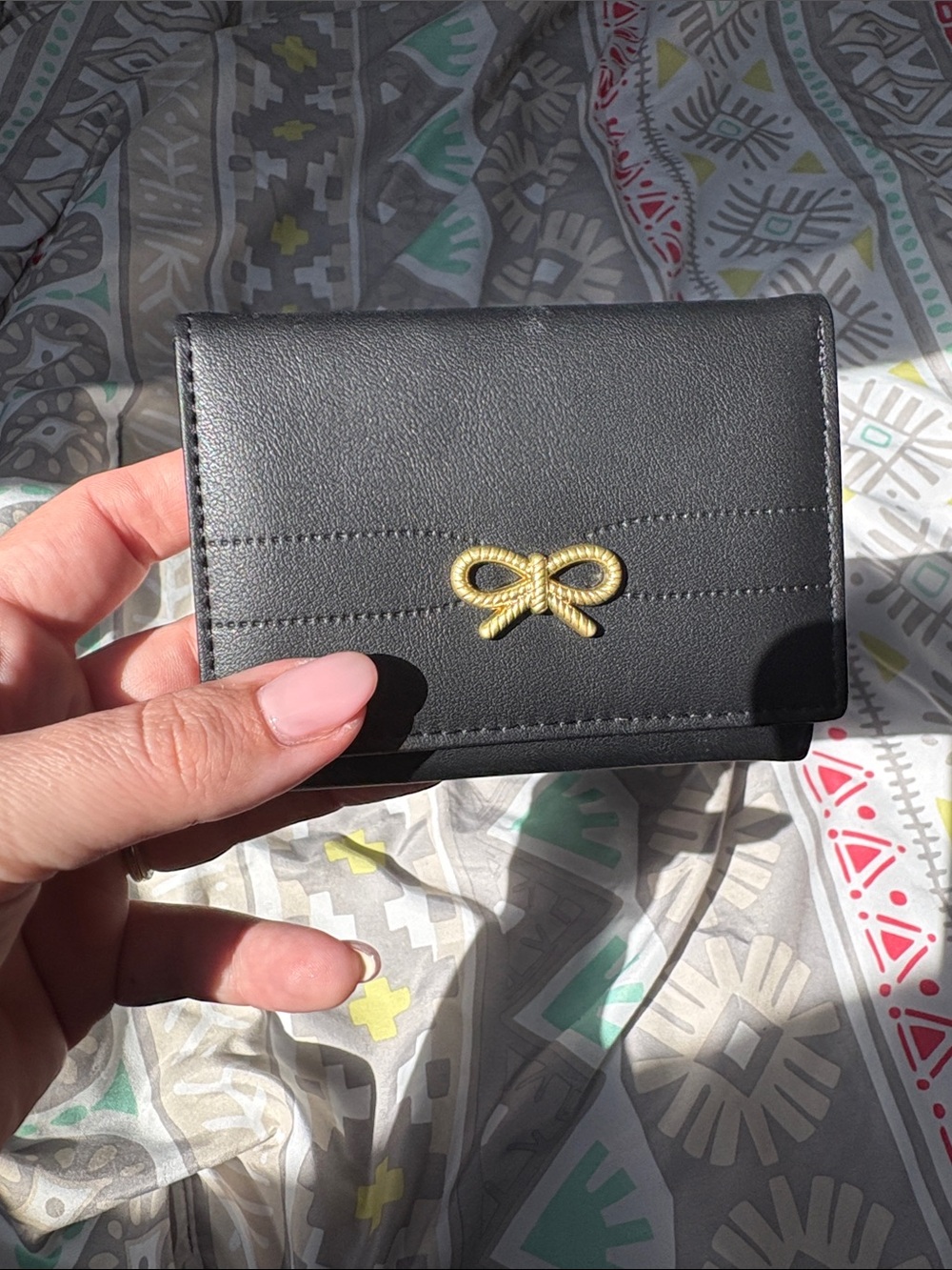 Black Women's Compact Wallet with Gold Bow Accent